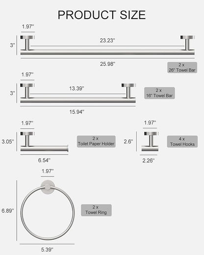 Wall-Mount Towel Bar Bathroom Hardware Accessory Set 12-Piece | Brushed Nickel,Stainless Steel,Wall Mount,Bathroom Hardware Set,Simple DIY installation,Stain-resistant and easy to maintain