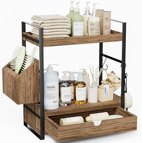 2-Tier Bathroom Counter Organizer, Wooden Vanity Shelf with Drawer & Basket