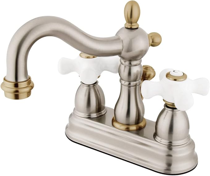 Kingston Brass KB1609PX Heritage 4" Centerset Lavatory Faucet Porcelain Cross Handle, Brushed Nickel/Polished Brass
