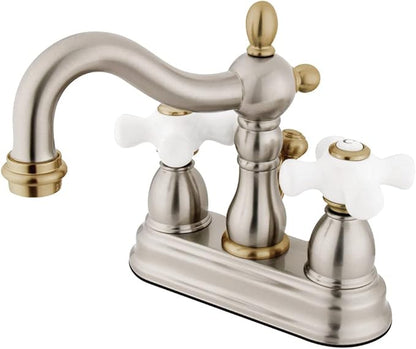 Kingston Brass KB1609PX Heritage 4" Centerset Lavatory Faucet Porcelain Cross Handle, Brushed Nickel/Polished Brass