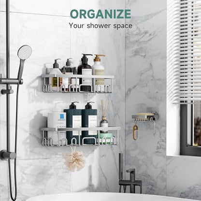 Veken Shower Caddy 3-Pack, Advanced Rustproof Design, No Drilling Adhesive Shelves, Rack with Soap Holder, Large Capacity Bathroom Organizers and Storage, Wall-Mounted Kitchen & Home Decor