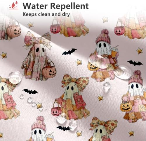MEHOFOND Halloween Pink Patchwork Ghost Shower Curtain Pumpkin Bath Decor