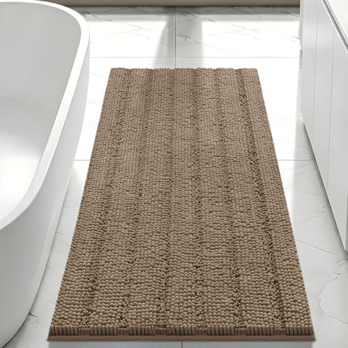 Bcoimo Bath Rug Mat,44x24 Chenille Non Slip Tan Long Bathroom Runner Rugs