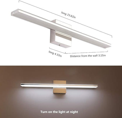 Chrome Bathroom Light Fixtures 24 Inch Bath Wall Lighting IP44 14W Vanity Lamp Bar Modern LED Lights for Vanity Rectangle Bathroom Lamps Over Mirror Acrylic Restroom Sink Light