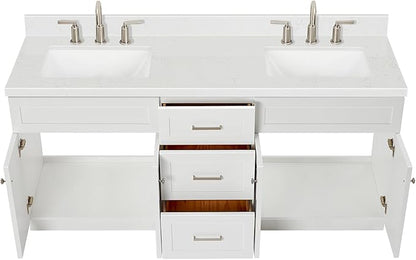 DKB Bradford 72 Inch Bathroom Vanity Double Sink — White Bathroom Vanity with Sink, 1.5" Edge Carrara White Countertop & Backsplash, 4 Soft-Close Doors, and 3 Dovetail Drawers
