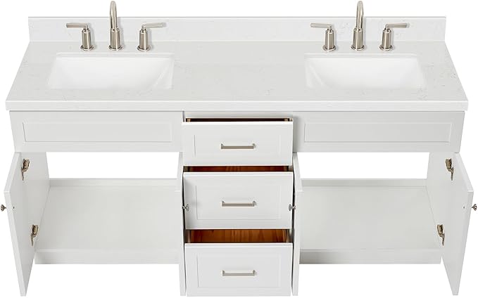 ARIEL Hamlet 72-inch Bathroom Vanity with Sink,Solid Wood, 1.5-inch Carrara White Quartz Countertop & Backsplash, Double Rectangular Porcelain Sink, 4 Soft Closing Doors, 3 Dovetail Drawers, White