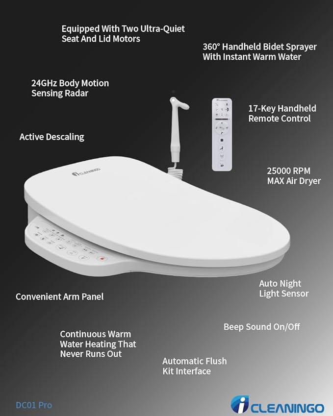 DC01 Pro iCleaningo Electric Bidet Toilet Seat, Auto Open Seat & Lid, 360° Handheld Spray,Warm Water Wash, Fast Dry Air Dryer, Heated Seat, Remote & Side Control, Night Light, Elongated