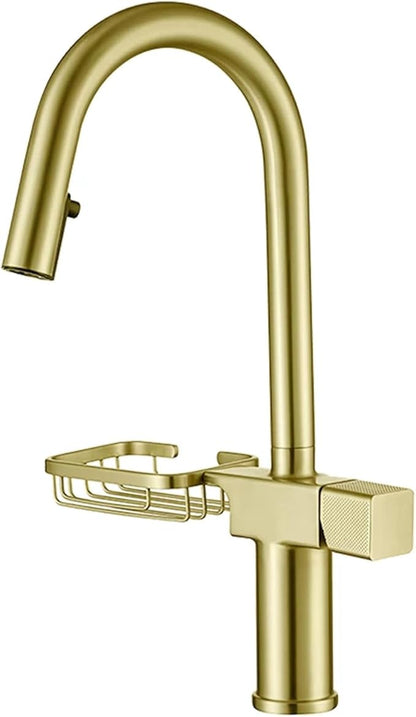 JRUIA Gold Extendable Bathroom Faucet, 360° Swivel Brass Faucet, Kitchen and Sink Mixer Tap, Modern Faucet with Soap Holder,Gold