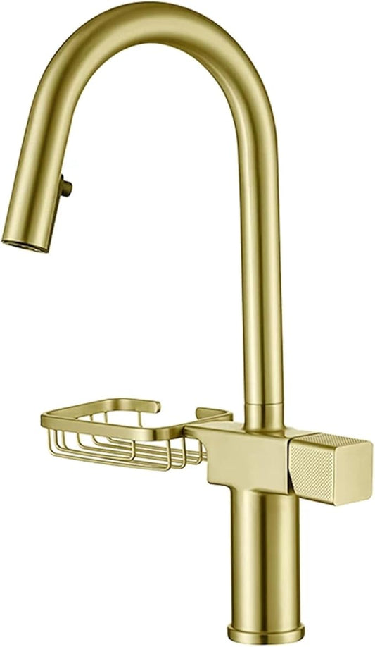 JRUIA Gold Extendable Bathroom Faucet, 360° Swivel Brass Faucet, Kitchen and Sink Mixer Tap, Modern Faucet with Soap Holder,Gold
