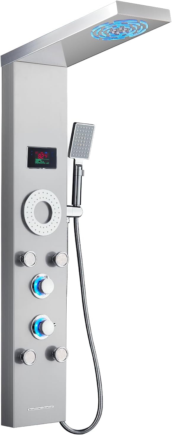 LED Shower Panel Tower System, Stainless Steel Rainfall & Mist Shower Tower, 5 Body Jets, Handheld Shower, Tub Spout and Hydroelectricity Temperature Display, Brushed Nickel