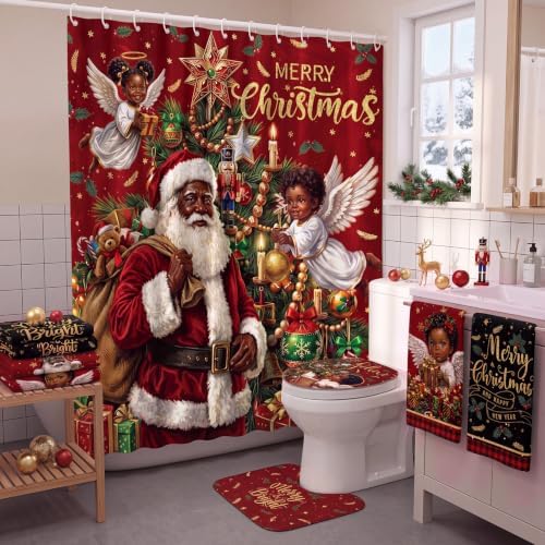 FuWeave 8 Pcs Merry Christmas Shower Curtain Set, Black Santa Angel Xmas Tree Red Plaid Farmhouse Bathroom Decor, Non-Slip Bath Rug, U Contour Mat, Toilet Lid Cover, Hand Towels & 12 Hooks