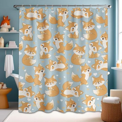 Cute Fox Shower Curtain Kids Toddler Cartoon Animal Shower Curtains for Bathroom Decor, Waterproof Cloth Fabric with Hooks 70" W x 84" L
