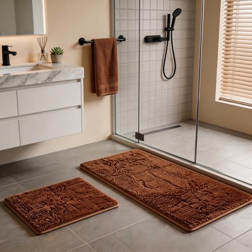 Champagne Chenille Bath Rug Set - 2 Piece Non-Slip Absorbent Shaggy Rugs, Bathtub Mat, Washable Bathroom Carpet for Tub, Shower, Washroom - 32x20 + 24x16 Inch