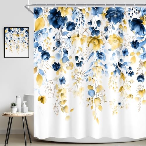Blue Yellow Floral Watercolor Eucalyptus Leaf Bathroom Shower Curtain Set