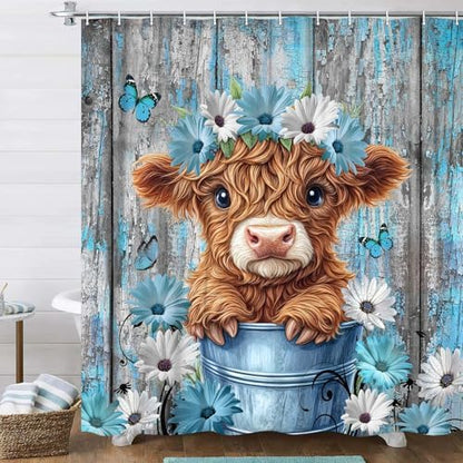 Rustic Farmhouse Shower Curtain, Farm Teal Daisy Floral Flowers and Butterfly on Country Wooden Shower Curtain for Bathroom, Country Blue Daisy Cute Highland Cow Curtain with 12PCS Hooks 70X75in
