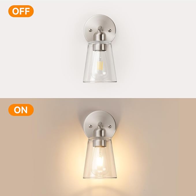 TALOYA 4 Inch Brushed Nickel Bathroom Light Fixtures with Thickend Clear Tapered Glass Shade, Set of 2 Modern Vanity Light for Bathrooms, Bedrooms (Bulbs Not Included)