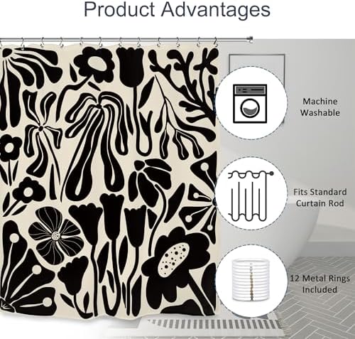 Black Off White Matisse Flower Art Shower Curtain 60Wx72L Inch Abstract Vintage Botanical Blossom Minimalist Neutral Wildflower Bathroom Set Accessories Decor with 12 Pack Hooks