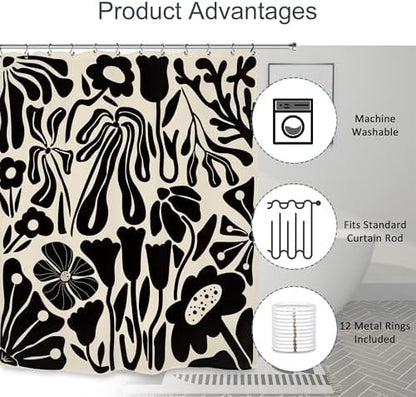 Black Off White Matisse Flower Art Shower Curtain 60Wx72L Inch Abstract Vintage Botanical Blossom Minimalist Neutral Wildflower Bathroom Set Accessories Decor with 12 Pack Hooks
