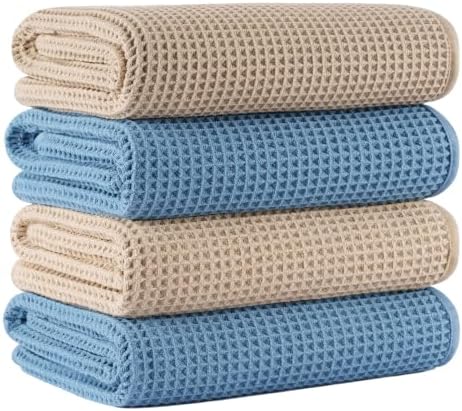 Microfiber Waffle Bath Towels, 4 Pieces, Soft, Absorbent, Fast Drying, Lint Free 430 GSM (27''x55''/68.58 cm x139.7 cm) (Beige+Blue)