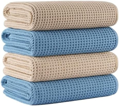 Microfiber Waffle Bath Towels, 4 Pieces, Soft, Absorbent, Fast Drying, Lint Free 430 GSM (27''x55''/68.58 cm x139.7 cm) (Beige+Blue)
