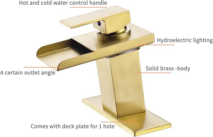 LED Waterfall Bathroom Faucet, Brushed Gold RV Bath Vanity Faucet for Sinks - 1 or 3 Hole Mount