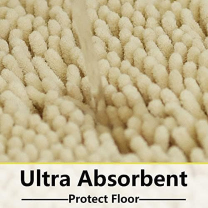 Bath Rugs Chenille 3-Piece Extra Soft and Absorbent Shag Beige Bathroom Rugs, Machine Wash Mat, Strong PVC Non-Slip Underside, Plush Carpet Mats (Beige)