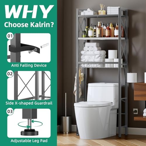 Kalrin Over The Toilet Storage with X Shape Side Guardrail, 3-Tier Over Toilet Storage Rack with Drain Basket, Freestanding Bathroom Organizer for Balcony Laundry, Grey-White