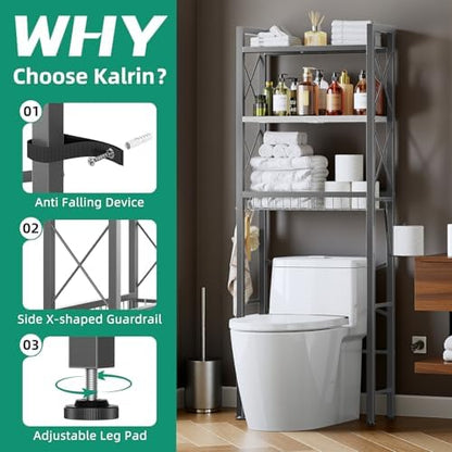 Kalrin Over The Toilet Storage with X Shape Side Guardrail, 3-Tier Over Toilet Storage Rack with Drain Basket, Freestanding Bathroom Organizer for Balcony Laundry, Grey-White