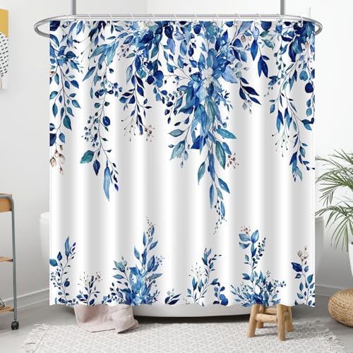 Eucalyptus Shower Curtain, Abstract Aesthetic Art Watercolor Plant Leaves with Floral Bathroom Decor, Waterproof Fabric Cloth Bath Curtain Set with Hooks (Dark Blue, 72x72 Inches)