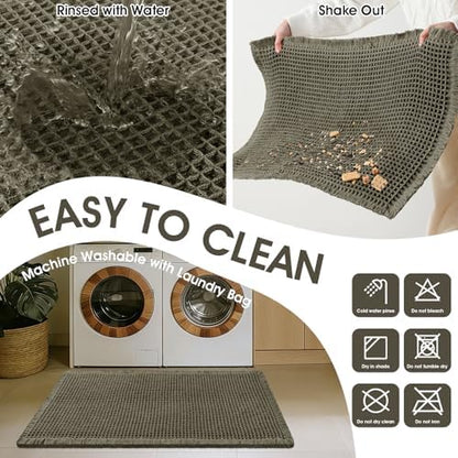 Upgrade Waffle Bath Mat, Boho Bathroom Rugs Absorbent Non Slip, Ultra Soft Bathroom Mat, Machine Washable Knit Bath Rugs with Stripe for Bathroom, Bedroom, Kitchen, Tub, 32"x20", Light Green & White