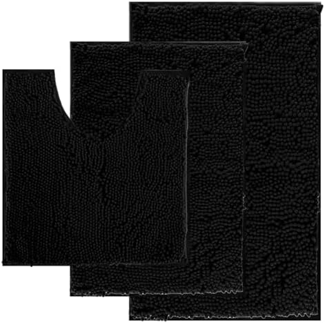 Run Helix Black Bathroom Rug Set Extra Soft Bath Rugs for Bathroom 3 Piece Bathrom Set Anti-Slip Bath Mats Soft Plush Chenille Shaggy Mat Living Room Bedroom Mat Floor Water Absorbent Floor Mat