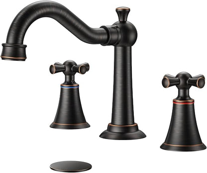 Hurran 8 Inch Widespread Bathroom Sink Faucet ORB, 3 Hole 2 Cross Handles Classic Vintage Antique Faucet with Metal Pop Up Drain and Supply Hoses for Vanity, RV, Farmhouse