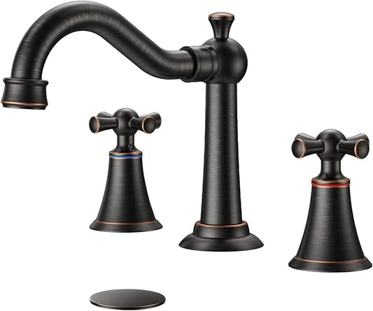 Hurran 8 Inch Widespread Bathroom Sink Faucet ORB, 3 Hole 2 Cross Handles Classic Vintage Antique Faucet with Metal Pop Up Drain and Supply Hoses for Vanity, RV, Farmhouse