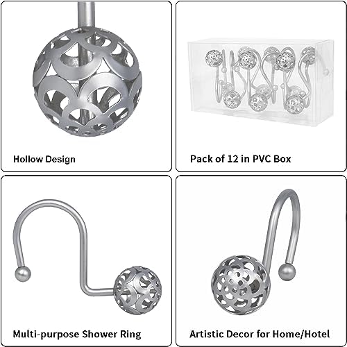 Gracelife 12Pcs Hollow Ball Shower Curtain Hooks Luxury Quality Rustproof Stainless Steel Shower Curtain Rings Hooks for Bathroom Rod (Nickel)