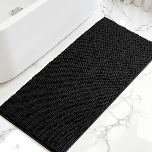 SUBRTEX Bathroom Rugs, 24" x 55" Chenille Bath Rug Soft Short Plush Bath Mat Soft Shower Mat Water Absorbent Shower Mat Quick Dry Machine Washable, Black