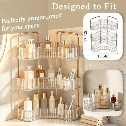3-Tier Corner Bathroom Organizer, Skincare Vanity Counter Shelf Clear