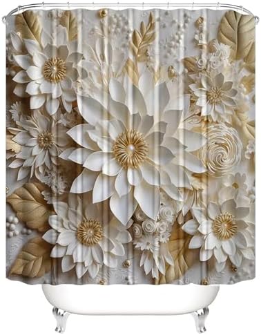 Chrainy 4pcs White Flowers Shower Cutain Bathroom Decor Sets with Rugs