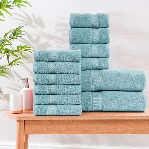 HILLFAIR Premium 100% Combed Cotton 12 Piece Bath Towels Set - Ocean Blue