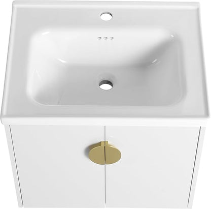 SSLine Modern 24-Inch Bathroom Vanity with Sink Wall Mounted Bathroom Vanity with Top Basin & Storage Cabinet White Wood Floating Vanity w/Ceramic Sink & Gold/Black Handles for Small Space