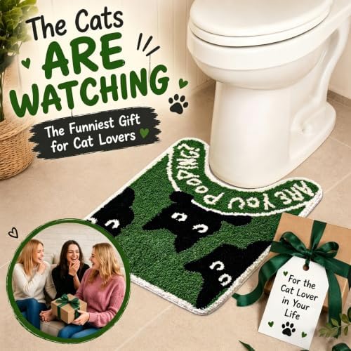Funny Black Cat Toilet Rug - U-Shaped Toilet Contour Mat with are You Pooping? Design, Absorbent Non Slip Bathroom Mat, Machine Washable Quirky Bathroom Decor for Cat Lovers