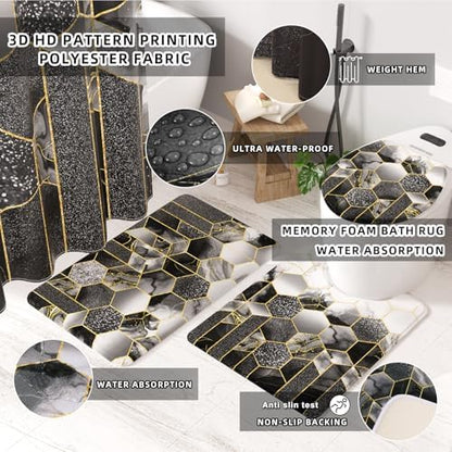 XLHOMO Bathroom Set - 26PC Bathroom Set with Shower Curtain and Rugs, Bathroom Accessory Set, Black Bathroom Accessories Set, Trash Can & Soap Dispenser