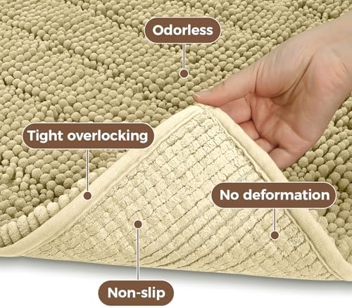 Bcoimo Bath Rug Mat,Beige Chenille High Absorbent Long Bathroom Runner Rugs