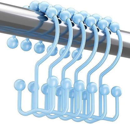 Titanker Shower Curtain Hooks, Rust Resistant Shower Curtain Rings for Bathroom, Metal Double Glide Shower Hooks Hangers for Bathroom Shower Rods Curtains, Set of 12 Hooks - Blue