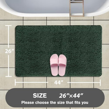 Dark Green Bathroom Rugs – Absorbent and Washable Bath Mat, Non-Slip, Thick Soft Chenille Bath Rugs for Bathroom Floor, Shower, Sink - 26" x 44"
