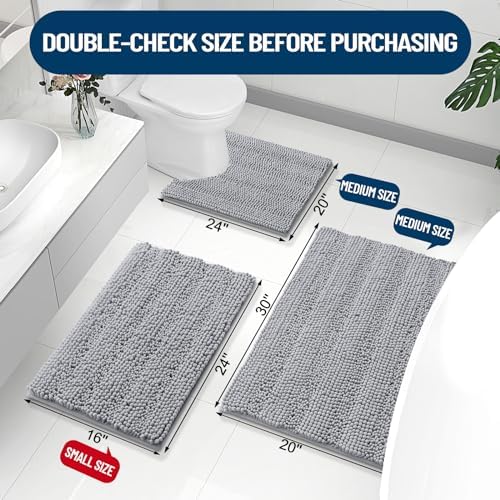 Grandaily Chenille Striped Bathroom Rugs 70x24, Extra Thick and Absorbent Bath Mats, Non-Slip Soft Plush Shaggy Shower Carpet, Machine Wash Dry, Bath Rug for Bathroom, Light Grey