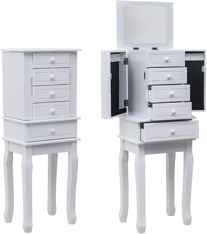 Standing Jewelry Armoire with Mirror, 5 Drawers & 14 Necklace Hooks, Jewelry Cabinet Chest with Removable Ring Storage Slot and Top Storage Organizer, 2 Side Swing Doors