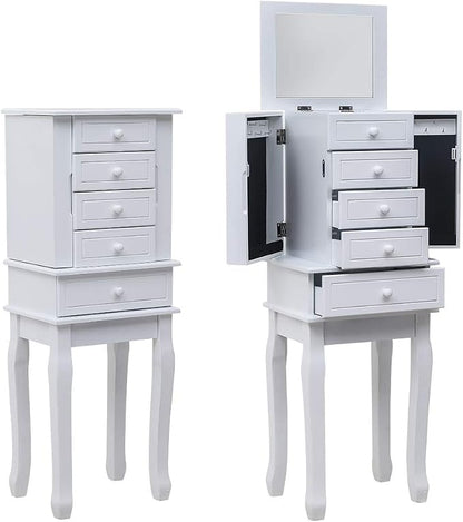 Standing Jewelry Armoire with Mirror, 5 Drawers & 14 Necklace Hooks, Jewelry Cabinet Chest with Removable Ring Storage Slot and Top Storage Organizer, 2 Side Swing Doors