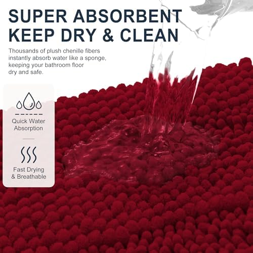 Smiry Thick Small Chenille Bathroom Rugs 24x16, Absorbent Bath Mat, Red