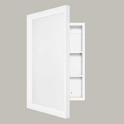 Retro-Style Medicine Cabinet with 17’’x27’’ Solid Wood Mirror Frame, Bathroom Recessed Wall Cabinet, Living Room Wood Storage Cabinet, White