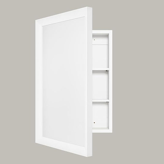 Retro-Style Medicine Cabinet with 17’’x27’’ Solid Wood Mirror Frame, Bathroom Recessed Wall Cabinet, Living Room Wood Storage Cabinet, White
